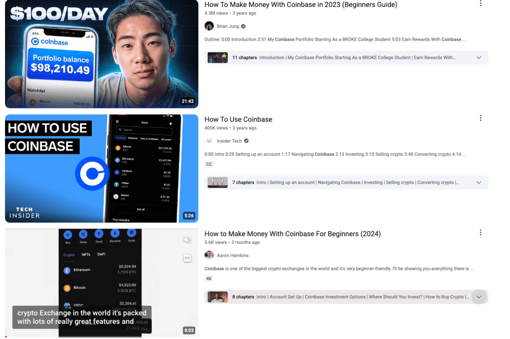 Example of fintech affiliate marketing in social media - Cointbase YouTube Affiliates
